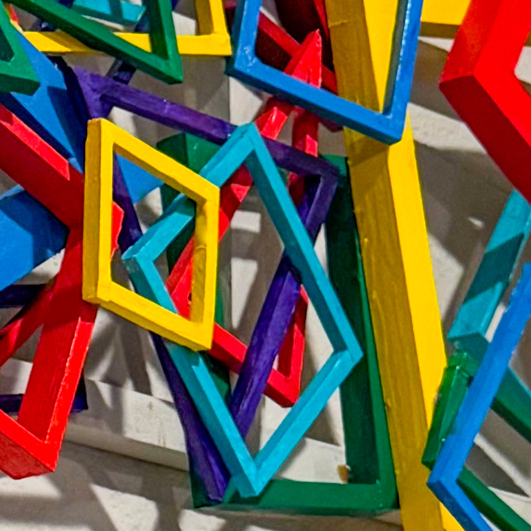 Geometric Collision Colorful Wood Wall Art Handcrafted Statement Piece