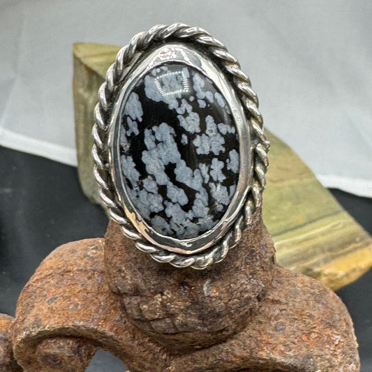 Chunky Sterling Silver Agate Ring – Black & Grey Statement Ring, Size 8
