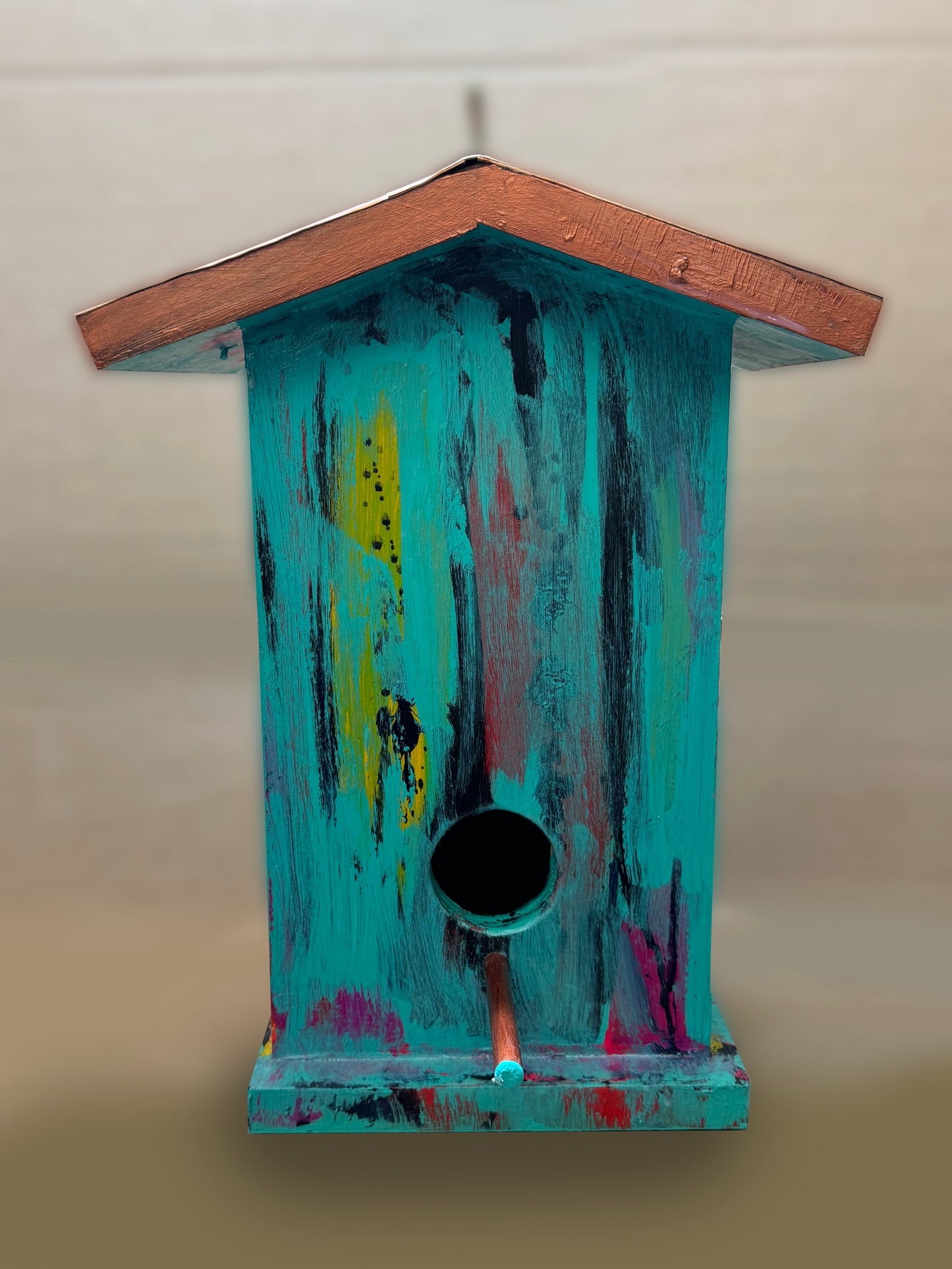 Handmade Whimsical Painted Birdhouse | Poplar Wood with Copper Roof & Walnut Perch | One-of-a-Kind Garden Art