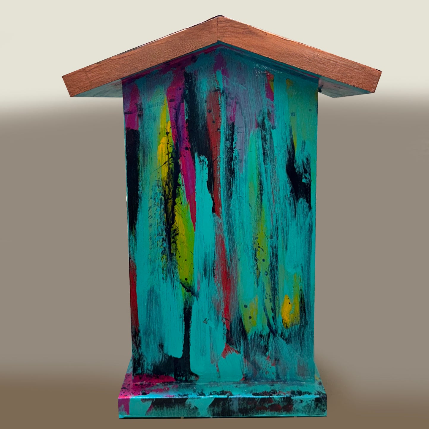 Handmade Whimsical Painted Birdhouse | Poplar Wood with Copper Roof & Walnut Perch | One-of-a-Kind Garden Art
