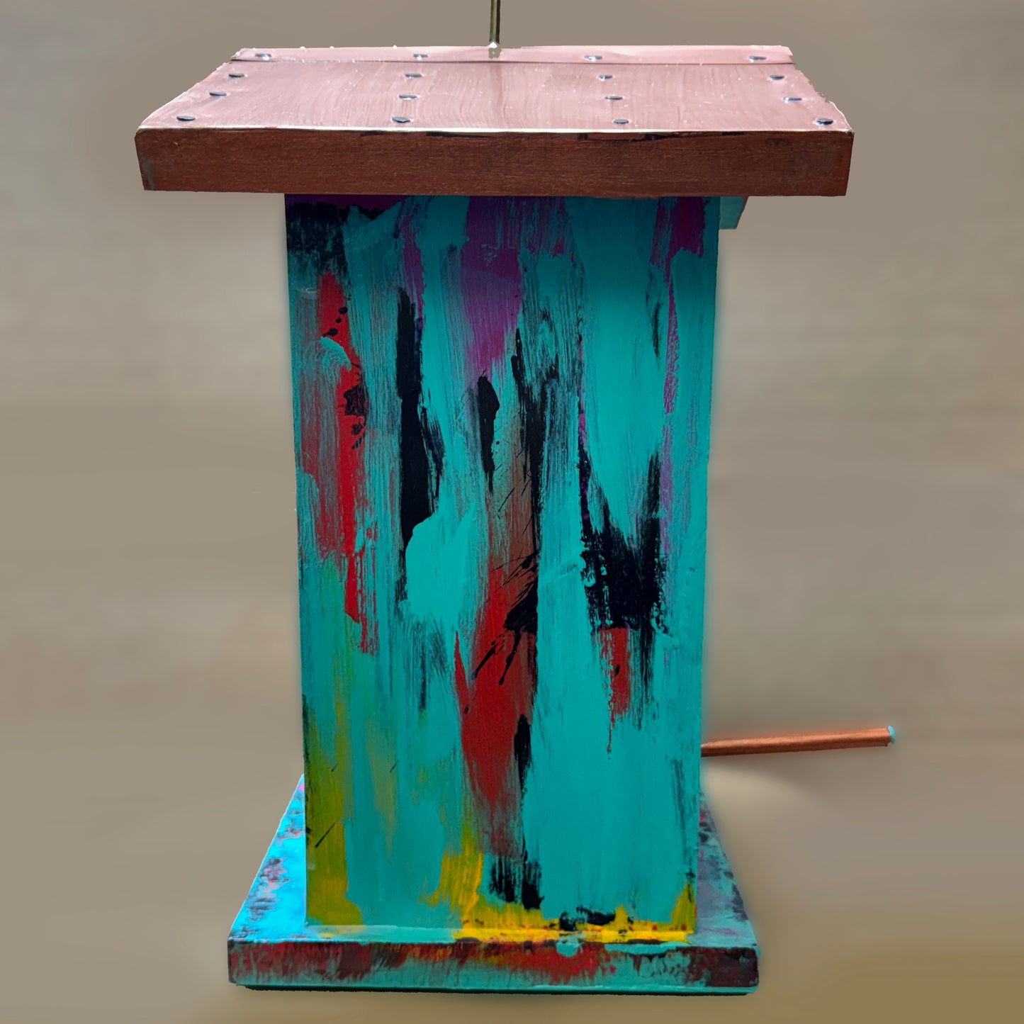 Handmade Whimsical Painted Birdhouse | Poplar Wood with Copper Roof & Walnut Perch | One-of-a-Kind Garden Art