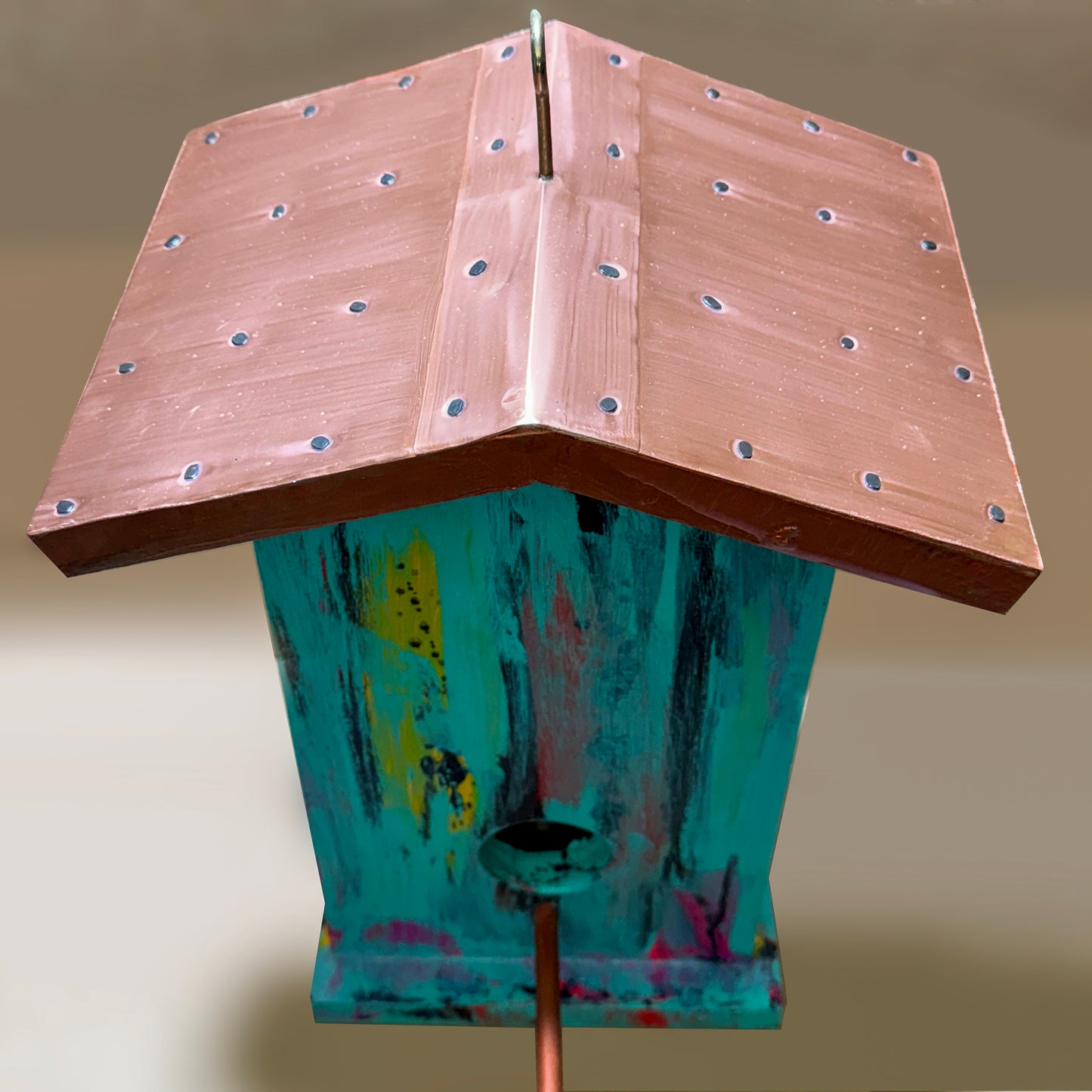 Handmade Whimsical Painted Birdhouse | Poplar Wood with Copper Roof & Walnut Perch | One-of-a-Kind Garden Art