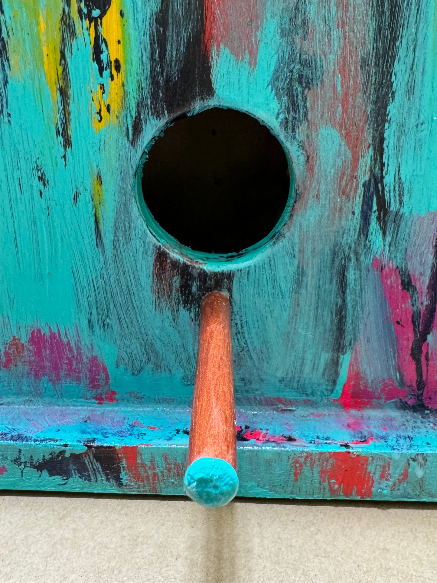 Handmade Whimsical Painted Birdhouse | Poplar Wood with Copper Roof & Walnut Perch | One-of-a-Kind Garden Art