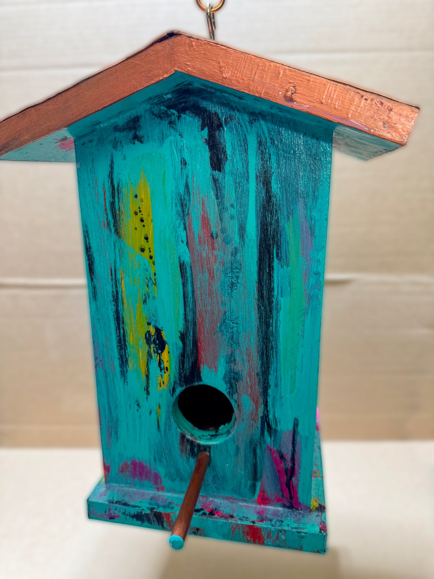Handmade Whimsical Painted Birdhouse | Poplar Wood with Copper Roof & Walnut Perch | One-of-a-Kind Garden Art