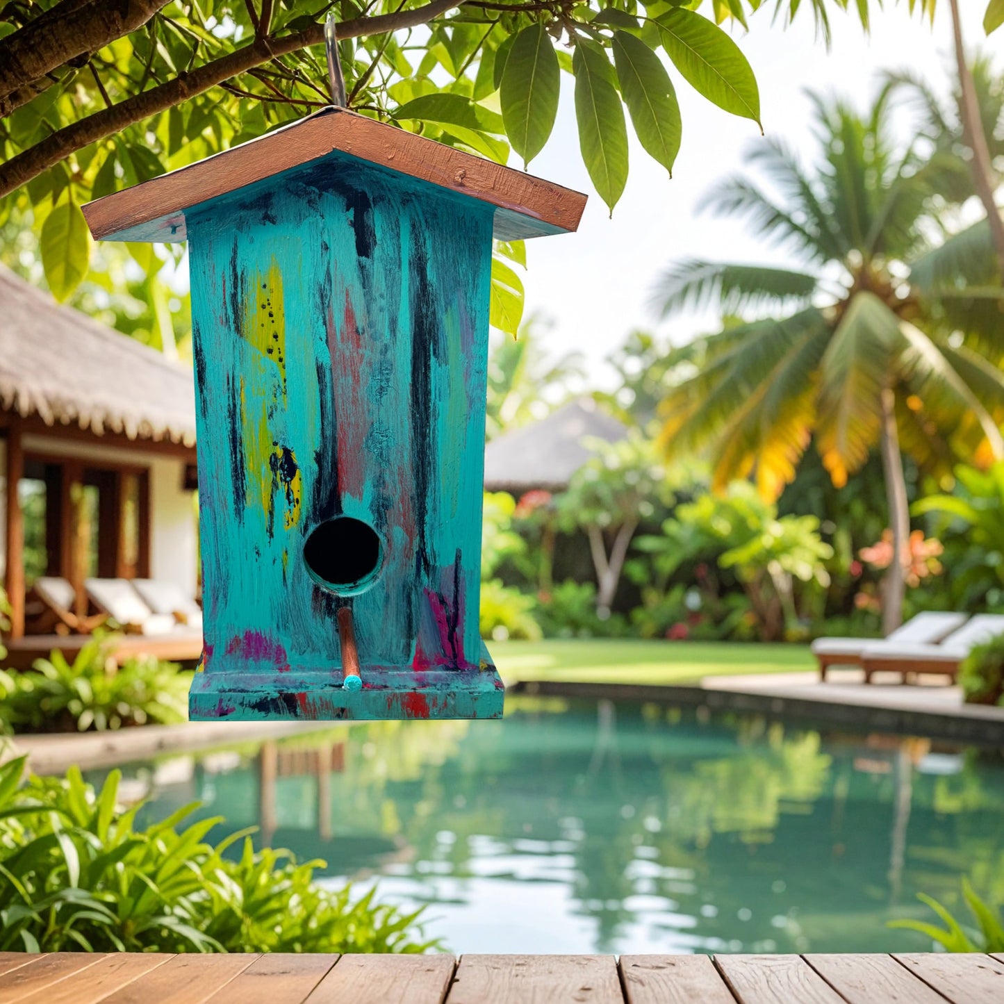Handmade Whimsical Painted Birdhouse | Poplar Wood with Copper Roof & Walnut Perch | One-of-a-Kind Garden Art